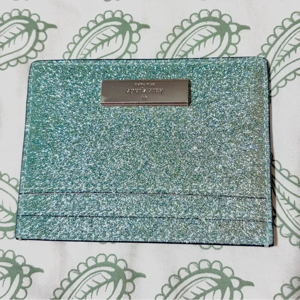 Kate Spade New York Sparkle Kenzie Glitter Card Case Seawater Mint Green OS NIB